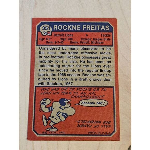 2 - 1973 Topps #351 Rockne Freitas Detroit Lions Football - Picture 5 of 5